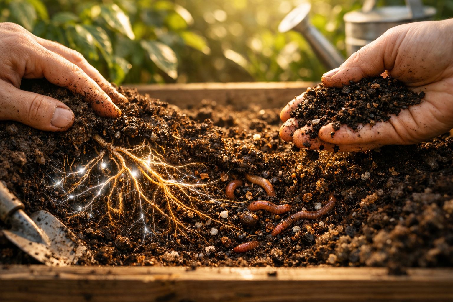 Mãos cuidam de uma planta jovem num jardim, com cogumelos próximos.