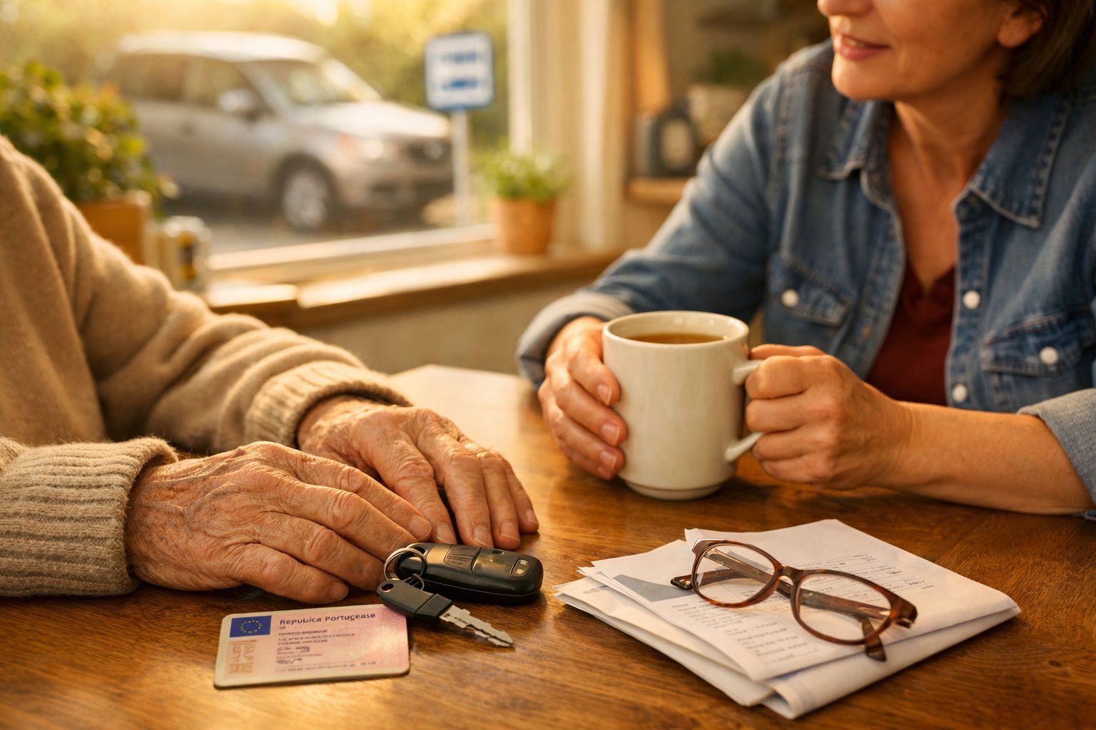 Idoso sentado à mesa com duas mulheres, segurando chaves. Caixa de medicamentos e smartphone em cima da mesa.
