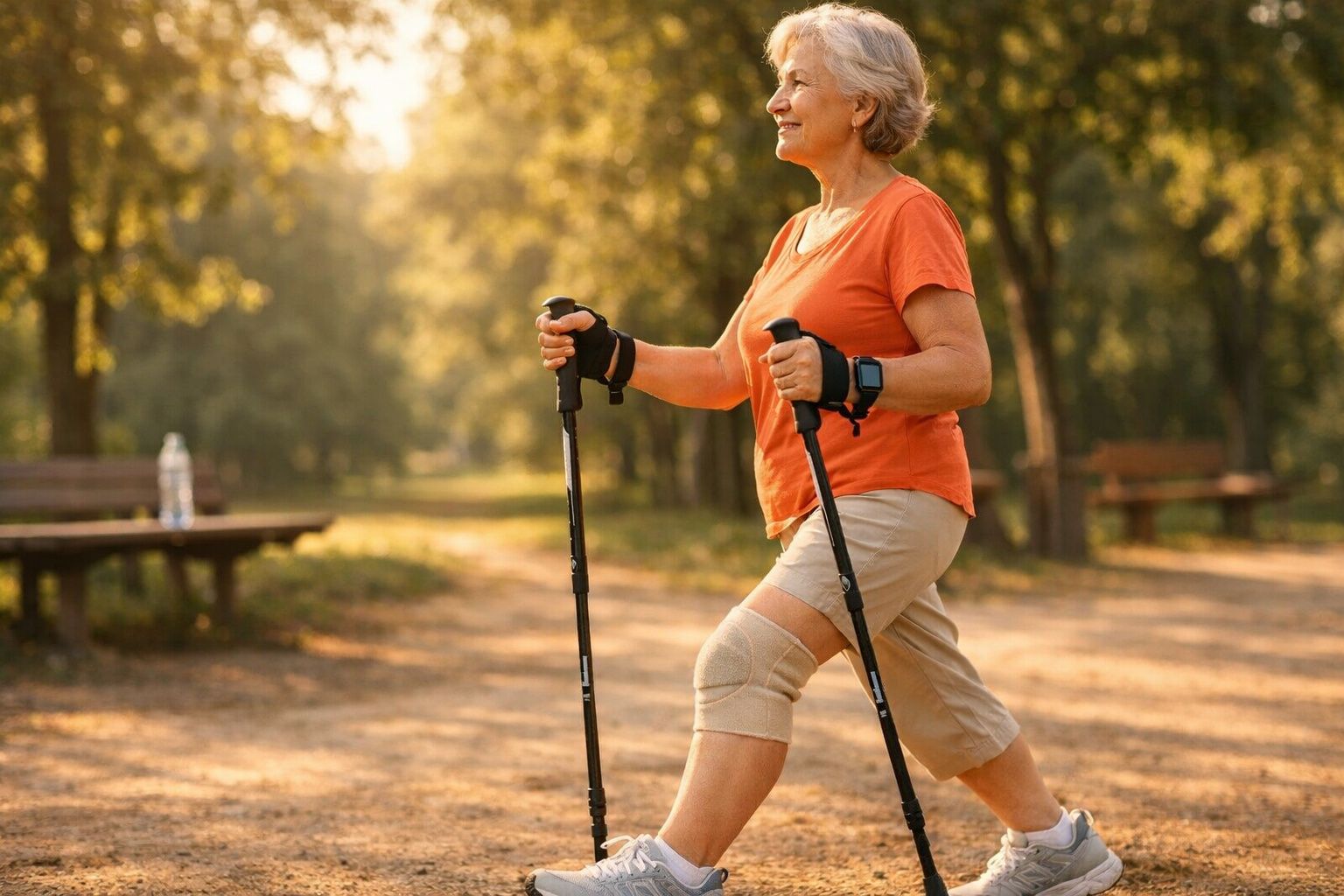 Idosa a caminhar num parque com bastões de marcha nórdica, enquanto usa roupa desportiva e ténis.