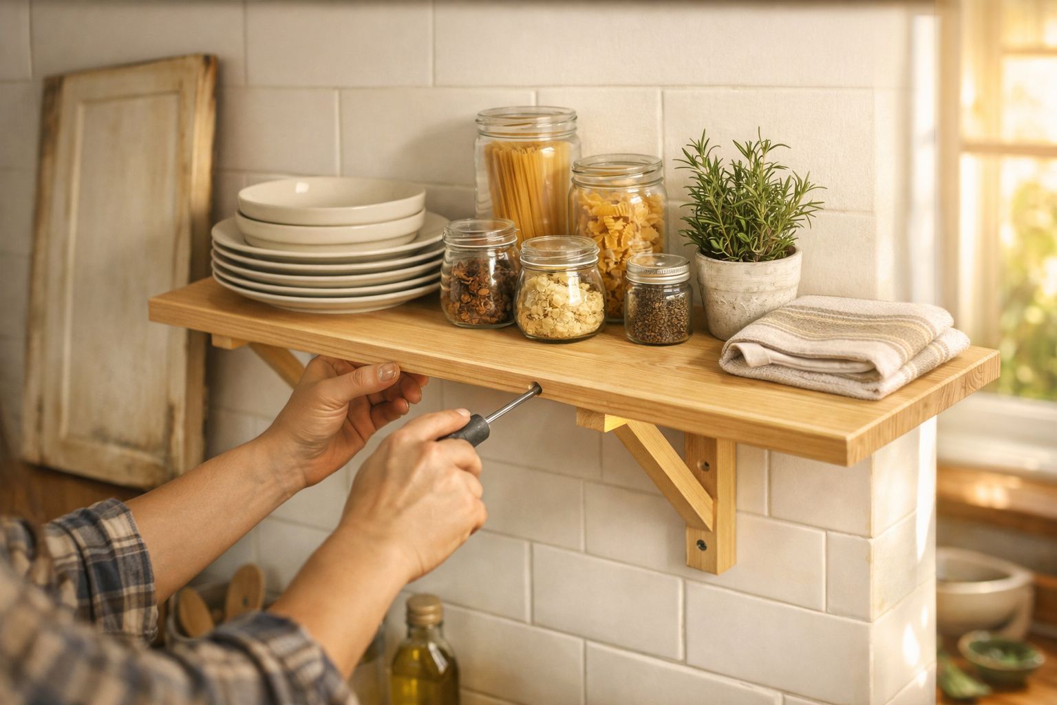 Armário de madeira aberto numa cozinha, com pratos e frascos. Ferramentas e parafusos estão ao lado.