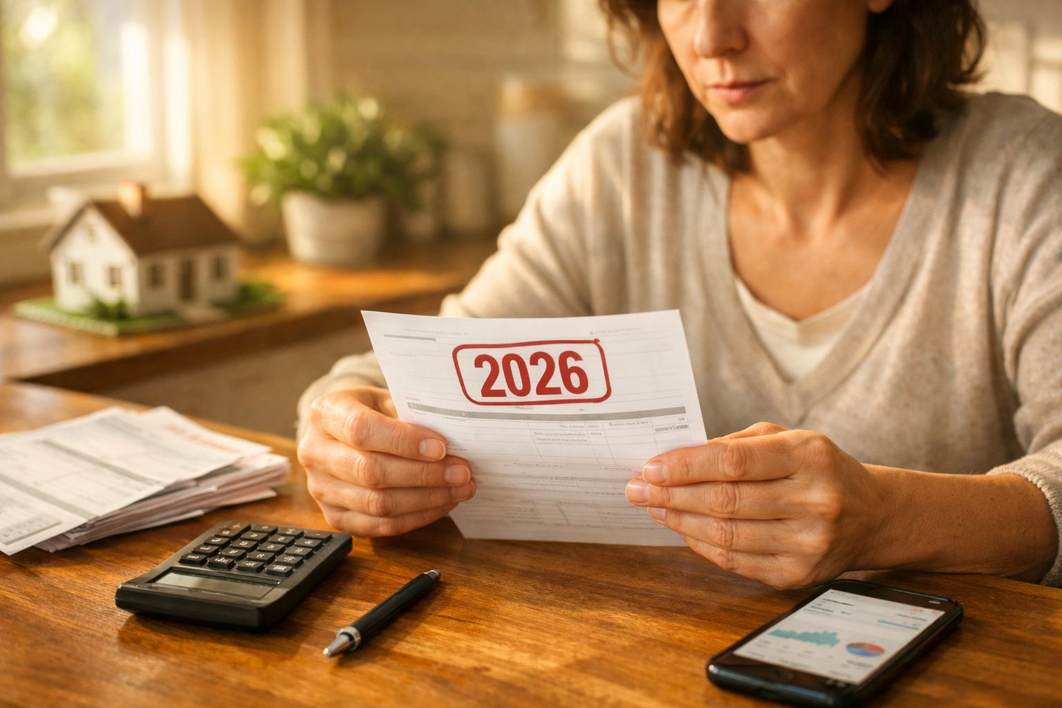 Pessoa segurando fatura de imposto predial, com calculadora, chávena, modelo de casa e chaves na mesa de madeira.