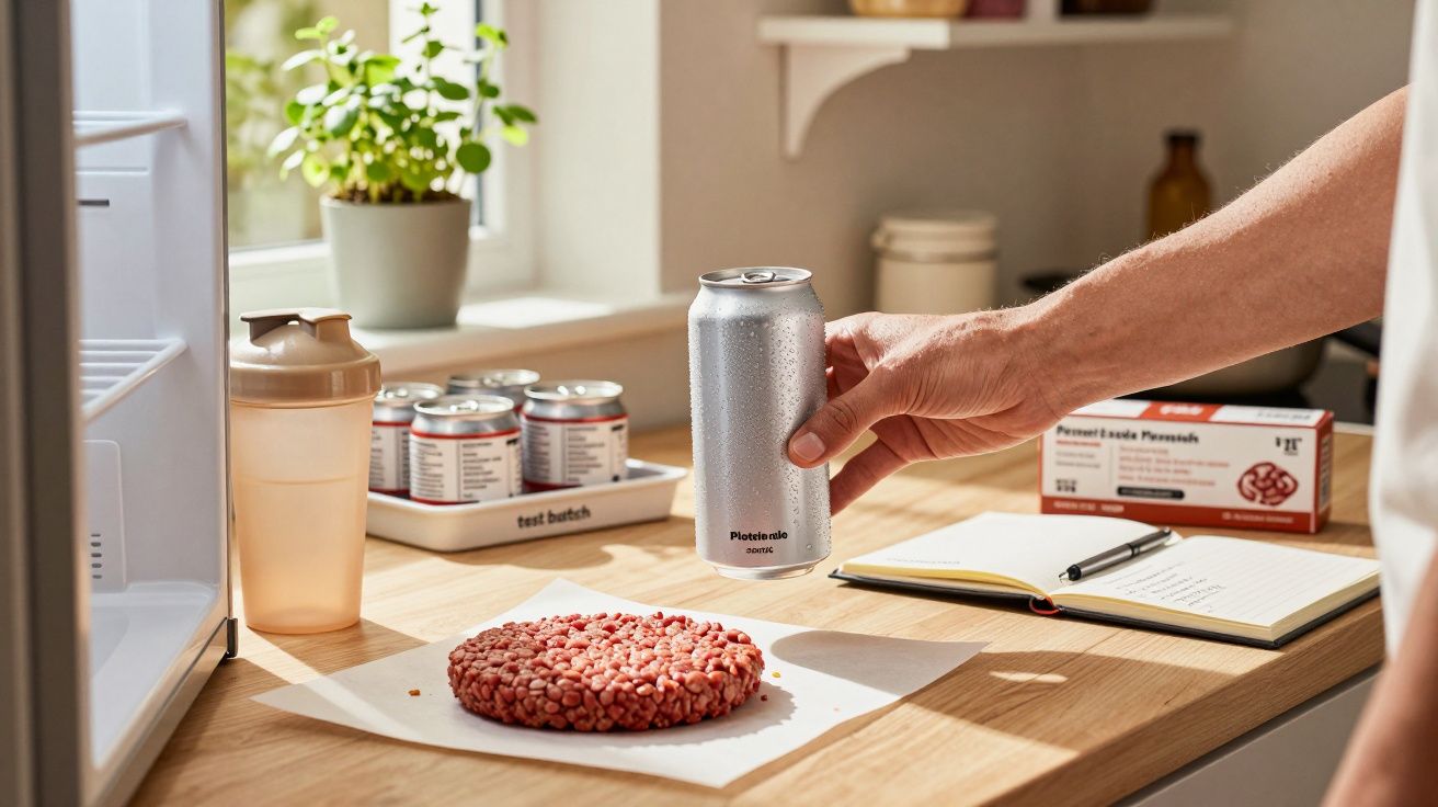 Pessoa segura lata prata na cozinha; bancada com hambúrguer, caderno, e plantas ao fundo.