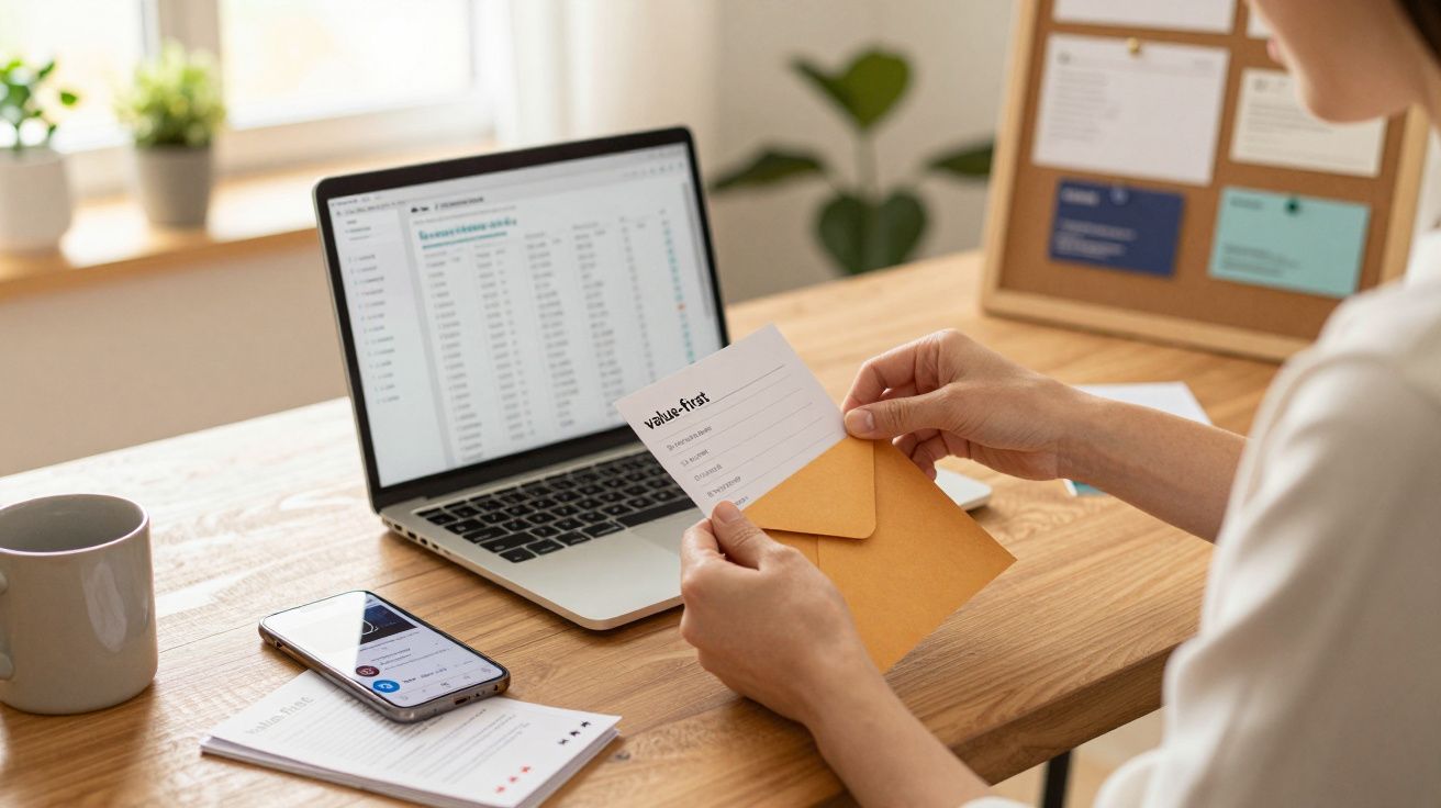 Pessoa segurando envelope e folha, sentada à mesa com portátil aberto e smartphone.