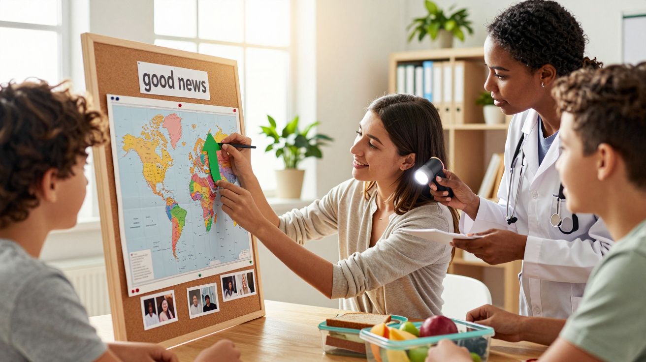 Crianças numa sala de aula com mapa-mundo, professora explicando enquanto médica observa com lanterna.