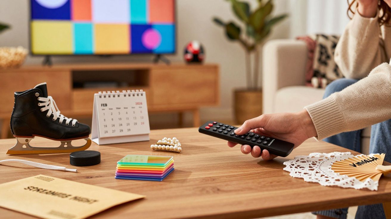 Pessoa com comando na mão, mesa com patim de gelo, calendário, bloco de notas coloridas e monitor ao fundo.