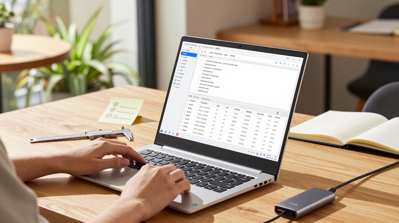 Pessoa a usar portátil numa mesa de madeira com bloco de notas e plantas ao fundo.