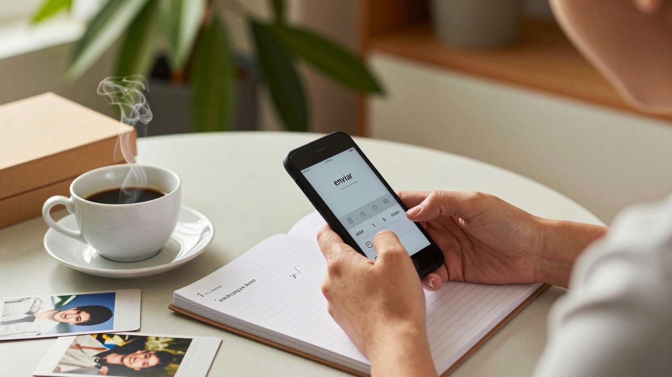 Pessoa segura smartphone, escreve num caderno, com café e fotos ao lado numa mesa.