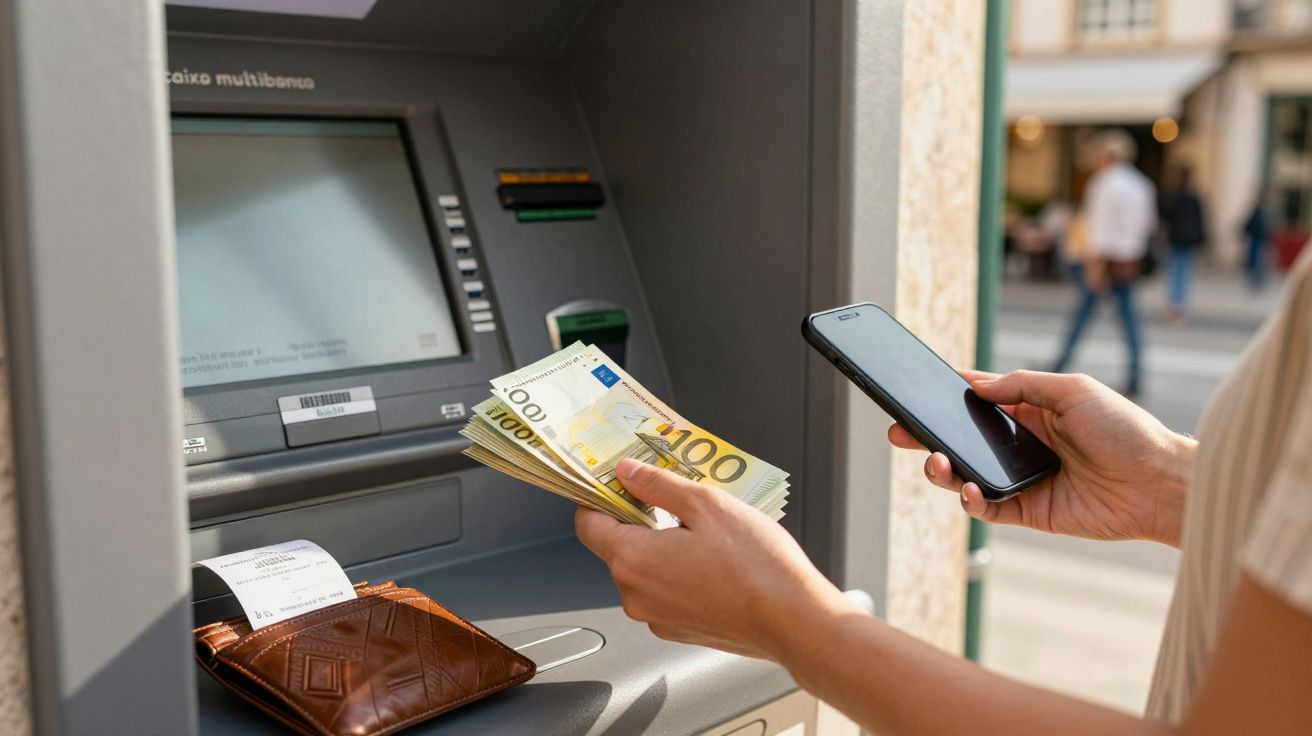 Pessoa com telefone e notas de euro em frente a um multibanco, carteira aberta ao lado.