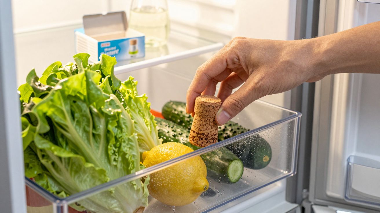 Mão coloca rolha num frigorífico com alface, limão e pepinos num tabuleiro transparente.