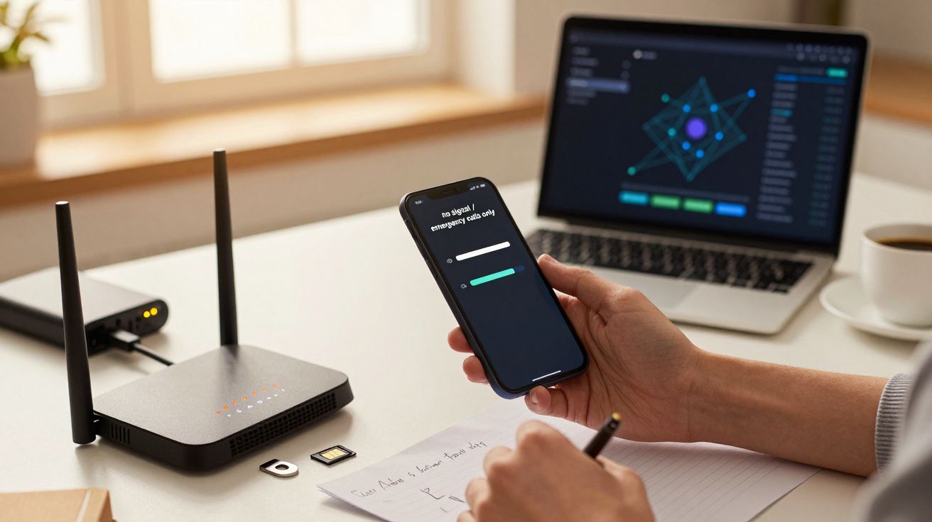 Pessoa a configurar um roteador com um smartphone, numa mesa com um portátil, cartão SIM e notas escritas à mão.