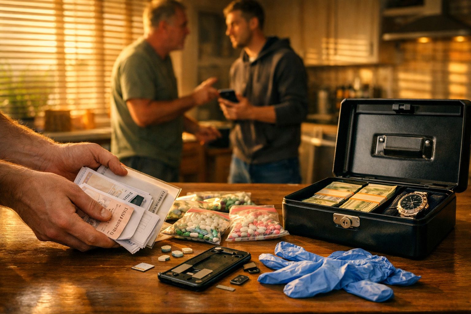 Homem guardando medicamentos e telemóvel numa caixa de segurança sobre a mesa da cozinha.