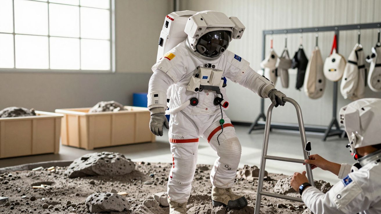 Astronauta em fato espacial caminhar em superfície de treino lunar, apoiado por um assistente.