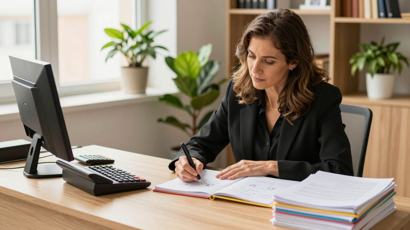 Mulher de fato preto escreve em documentos numa mesa de escritório, com computador, planta e pilha de papéis.