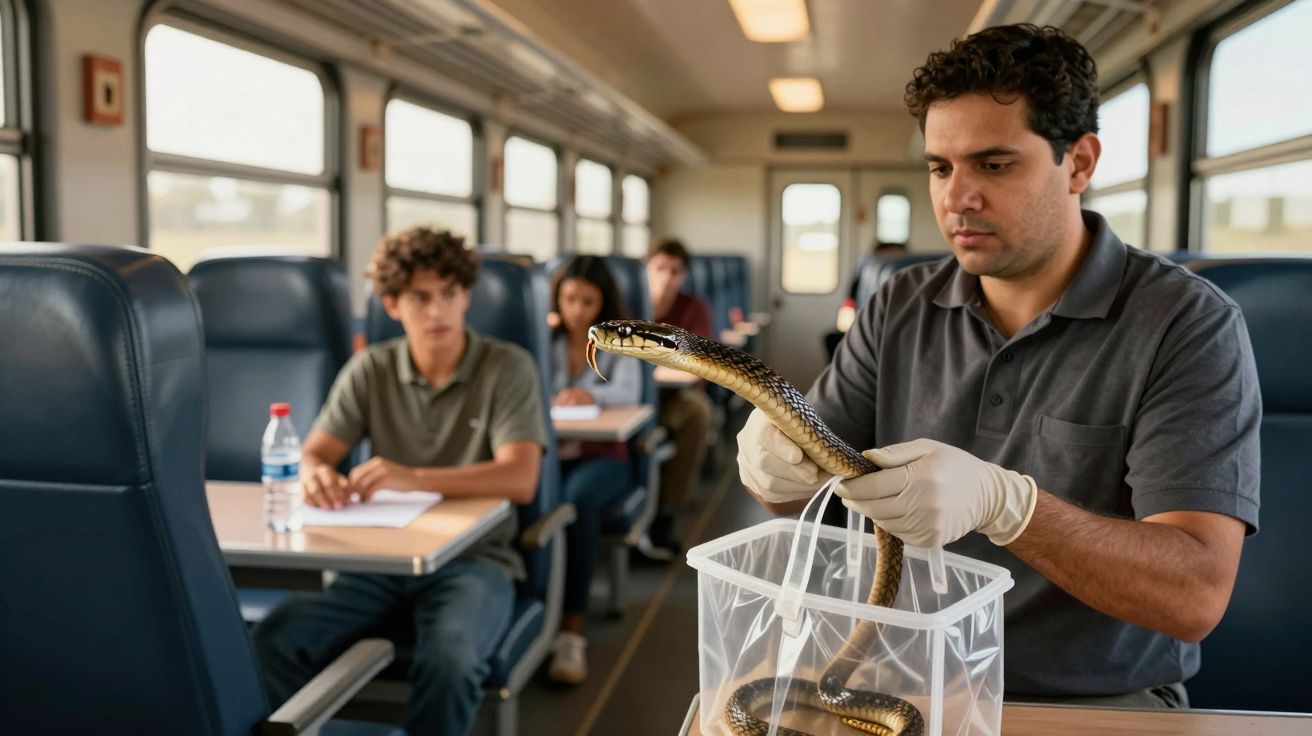 Homem com luvas segura cobra em caixa transparente dentro de um comboio, com passageiros atentos ao fundo.
