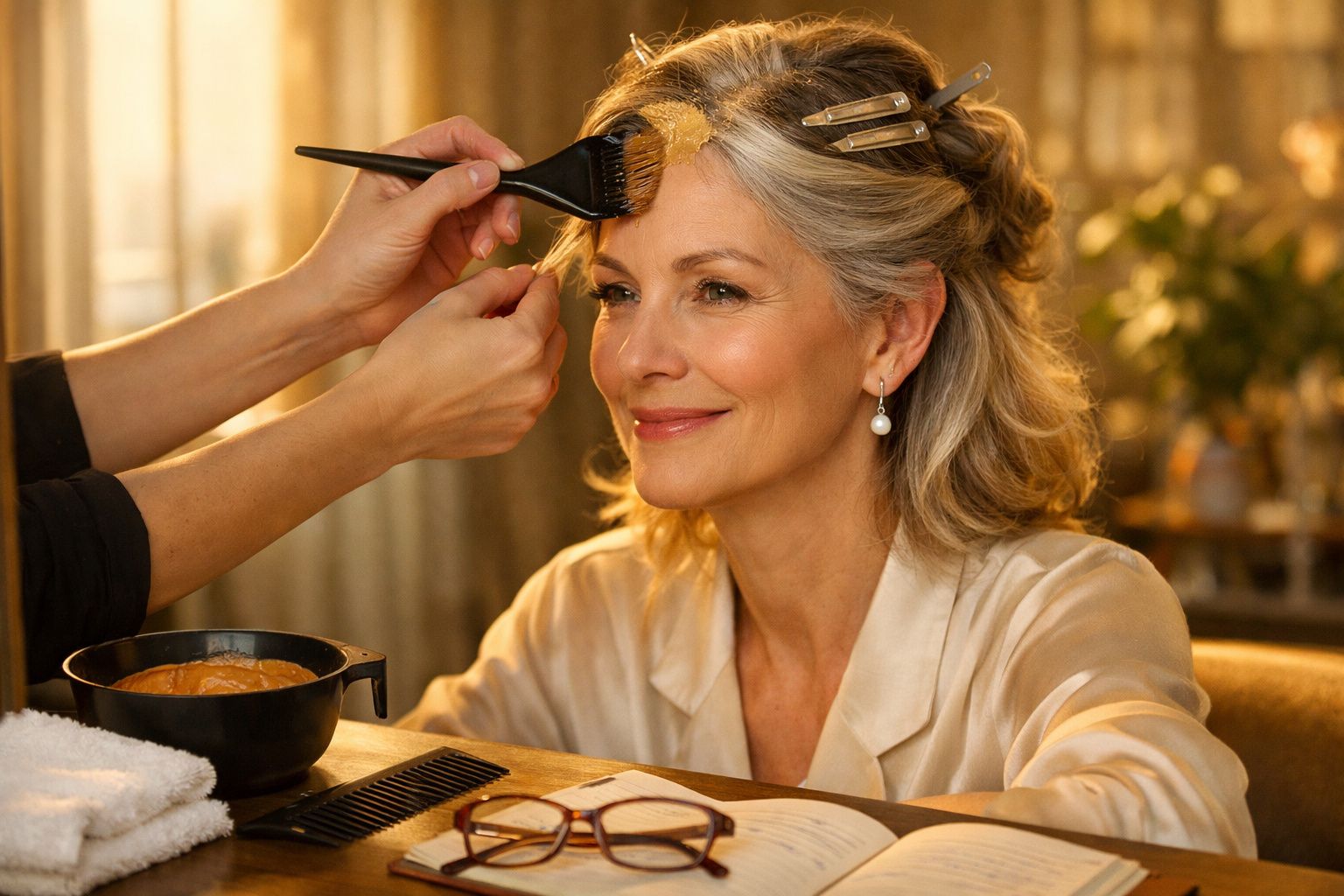 Mulher a receber maquilhagem num salão, numa sala com espelho e plantas.