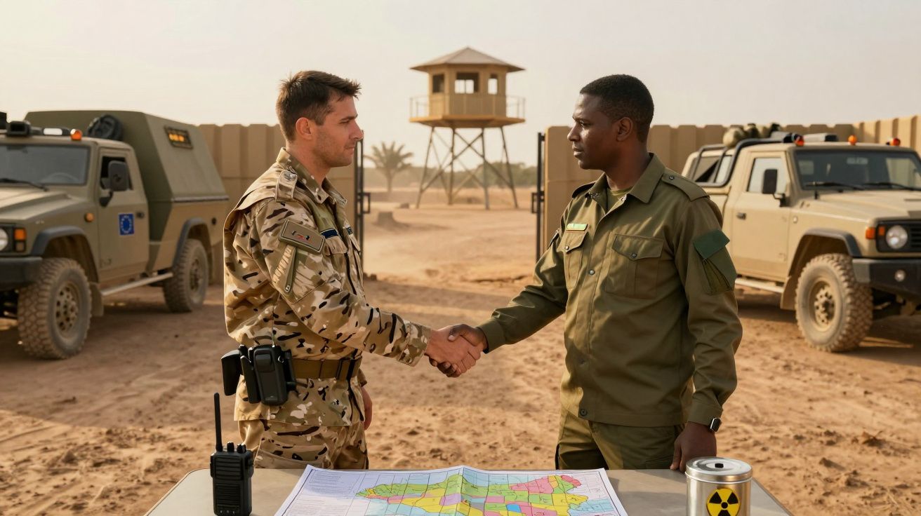 Dois militares apertam as mãos num cenário desértico, com veículos e uma torre de vigia ao fundo, mapa na mesa.
