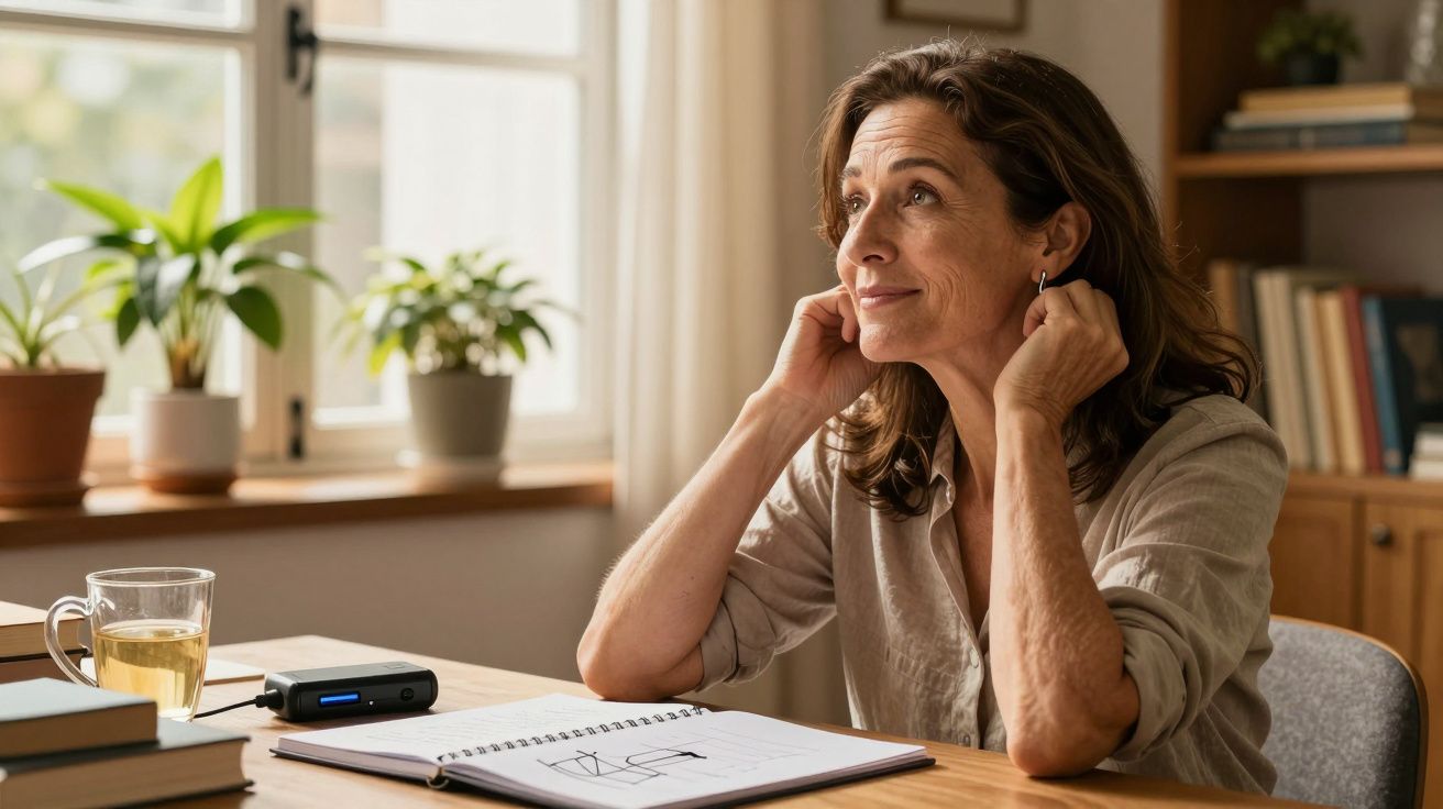 Mulher sentada à mesa, olhando pela janela, com bloco de notas e chá. Plantas e livros no fundo.
