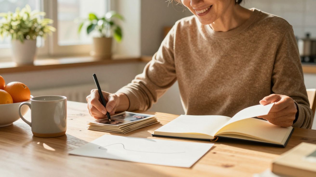 Mulher sorridente escreve num caderno numa mesa com caneca, livro e frutas, iluminada pela luz solar da janela.