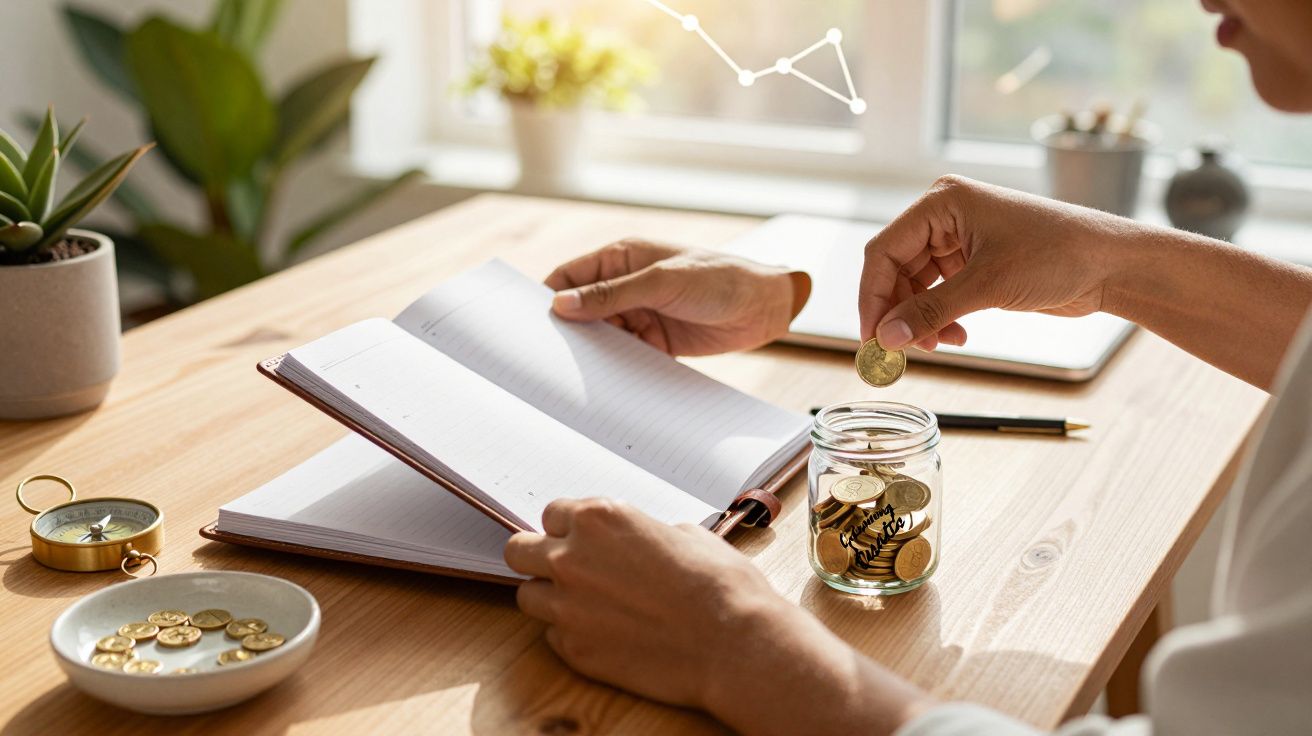 Pessoa coloca moedas num frasco e escreve num caderno numa mesa com luz natural.