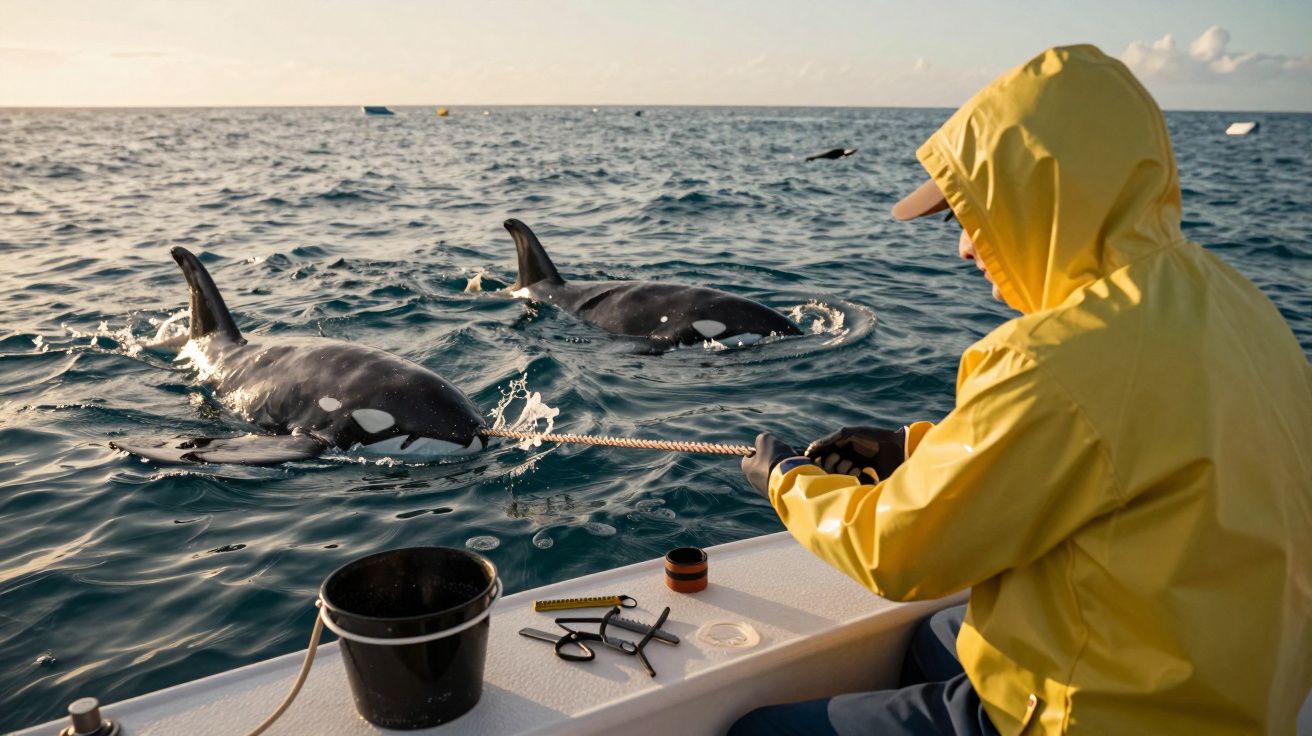 Pessoa num barco segura uma corda, com duas orcas a nadar perto, no mar.