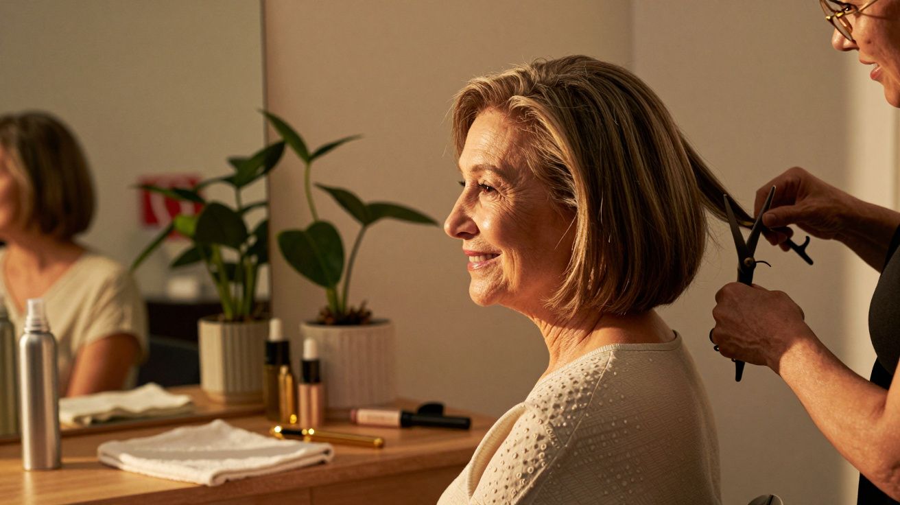Mulher sorridente recebe corte de cabelo em salão, com espelho e plantas ao fundo.