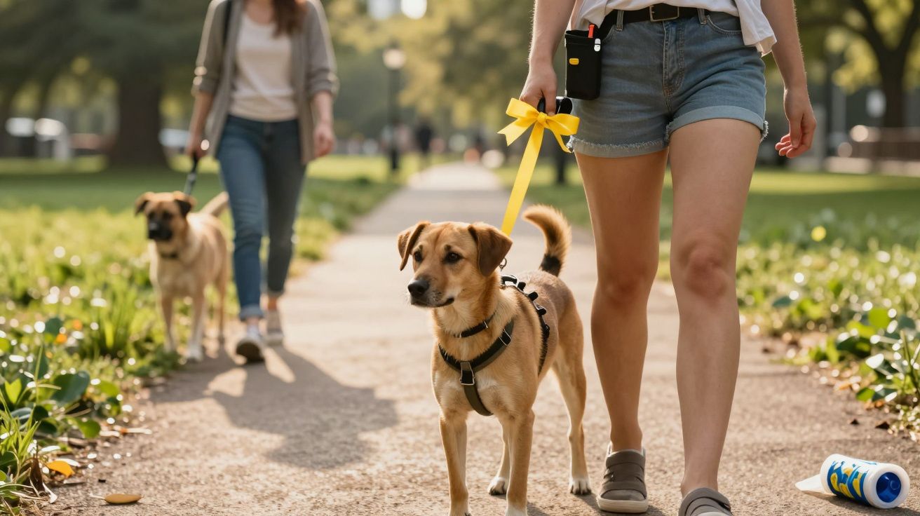 Cão com laço amarelo na coleira, passeando com uma pessoa num parque. Outra pessoa e cão ao fundo.