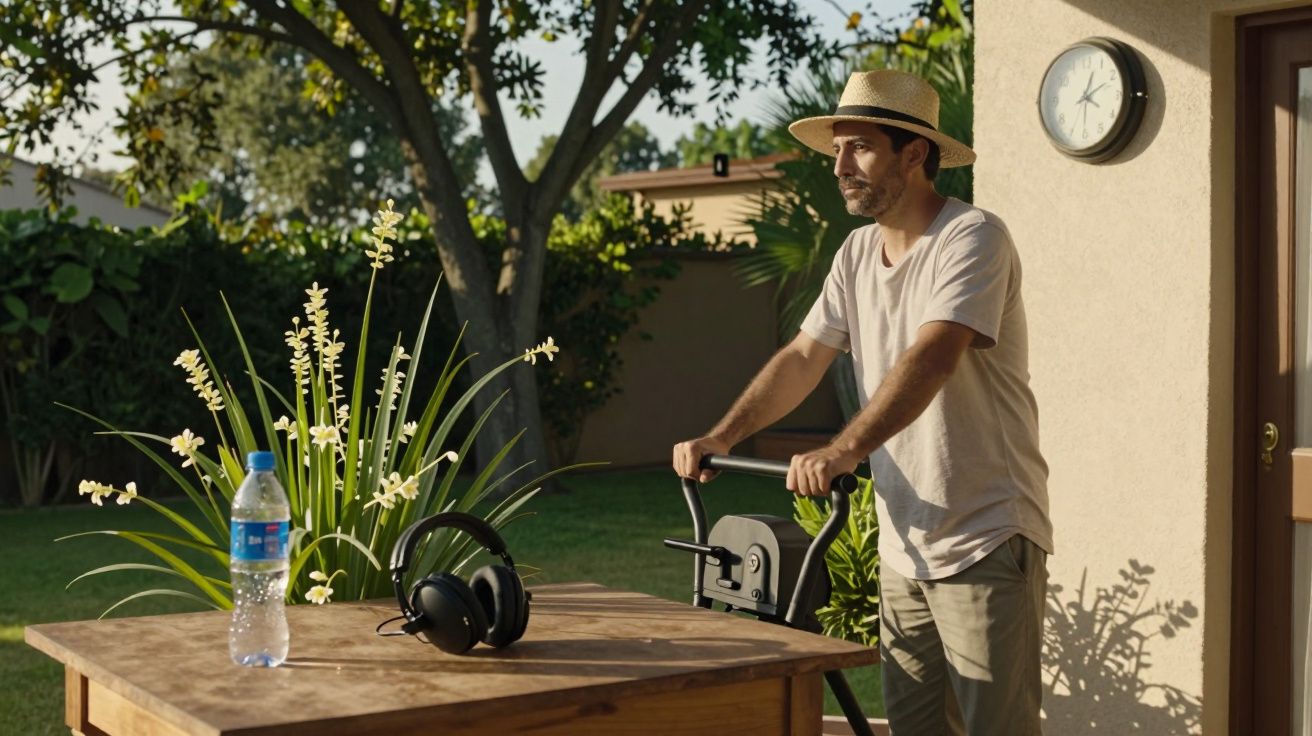 Homem com chapéu de palha ao lado de mesa com garrafa de água e auscultadores num jardim ensolarado.