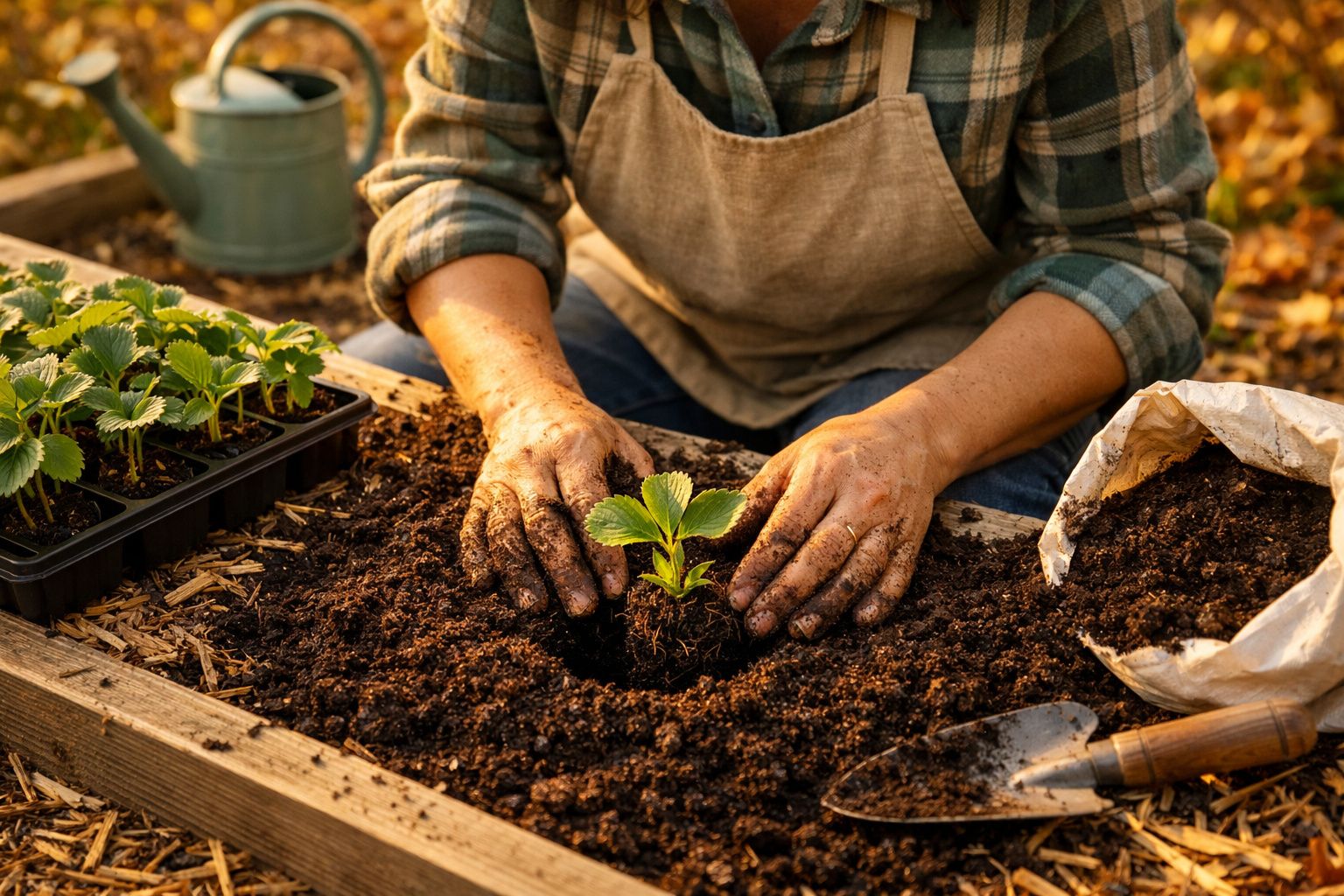 Pessoa a plantar muda num jardim, usando luvas. Ao lado, um borrifador, sementes e calendário. Fundo: casa e barracão.