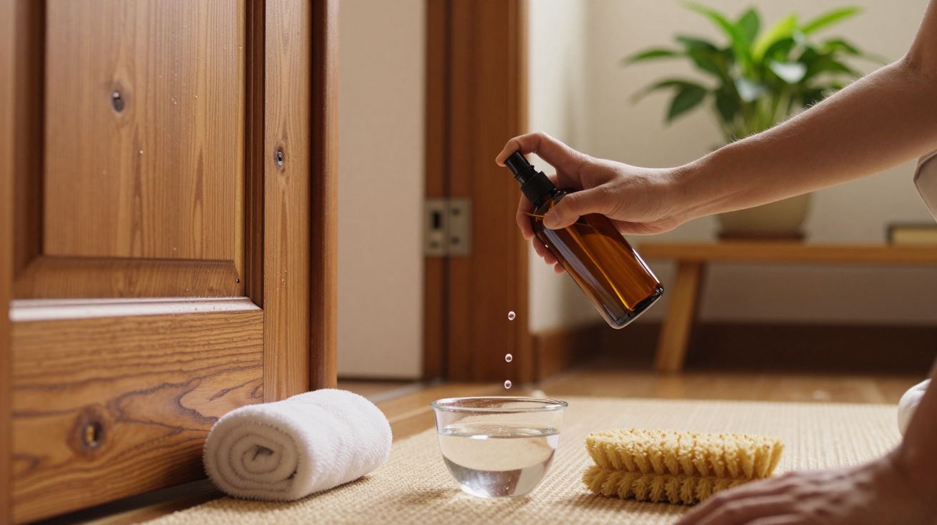 Mão borrifa líquido em taça de água ao lado de toalha branca e escova, diante de porta de madeira e planta ao fundo.