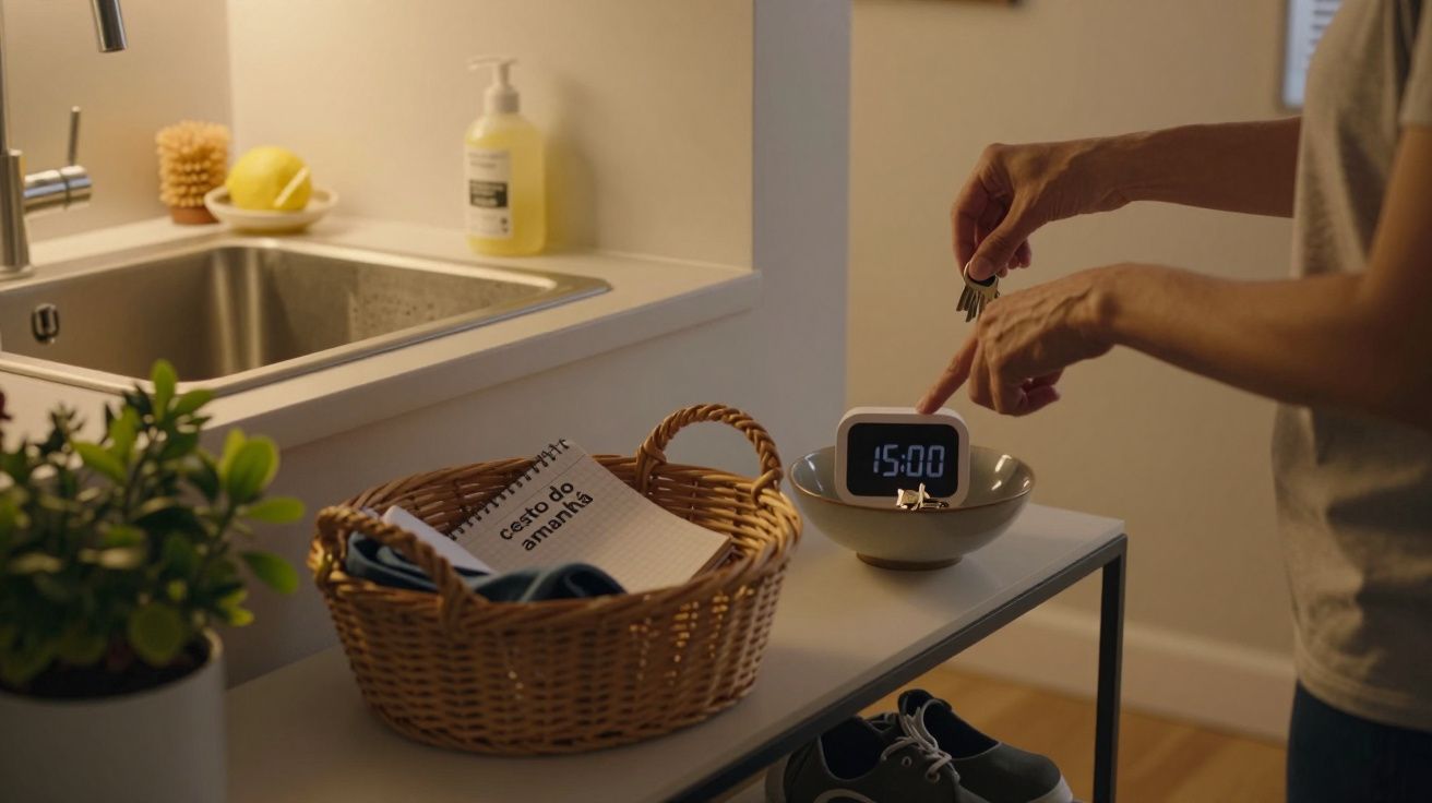 Pessoa coloca chave numa tigela ao lado de um relógio digital marcando 15:00, perto de uma pia e cesto de vime.