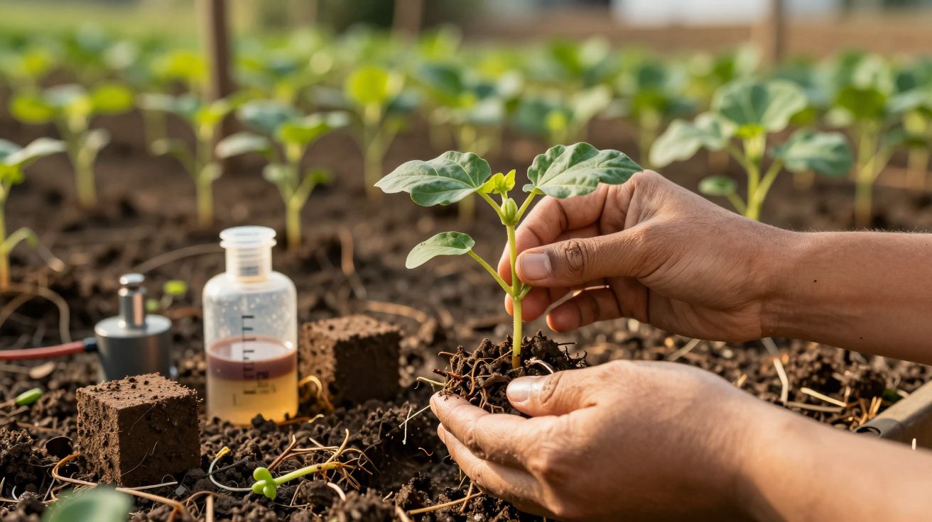 Mãos cuidando de uma pequena planta num solo fértil, com instrumentos de laboratório ao fundo.