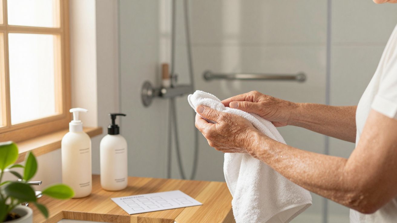 Mãos de uma pessoa idosa segurando uma toalha branca ao lado de um lavatório com frascos de sabonete.