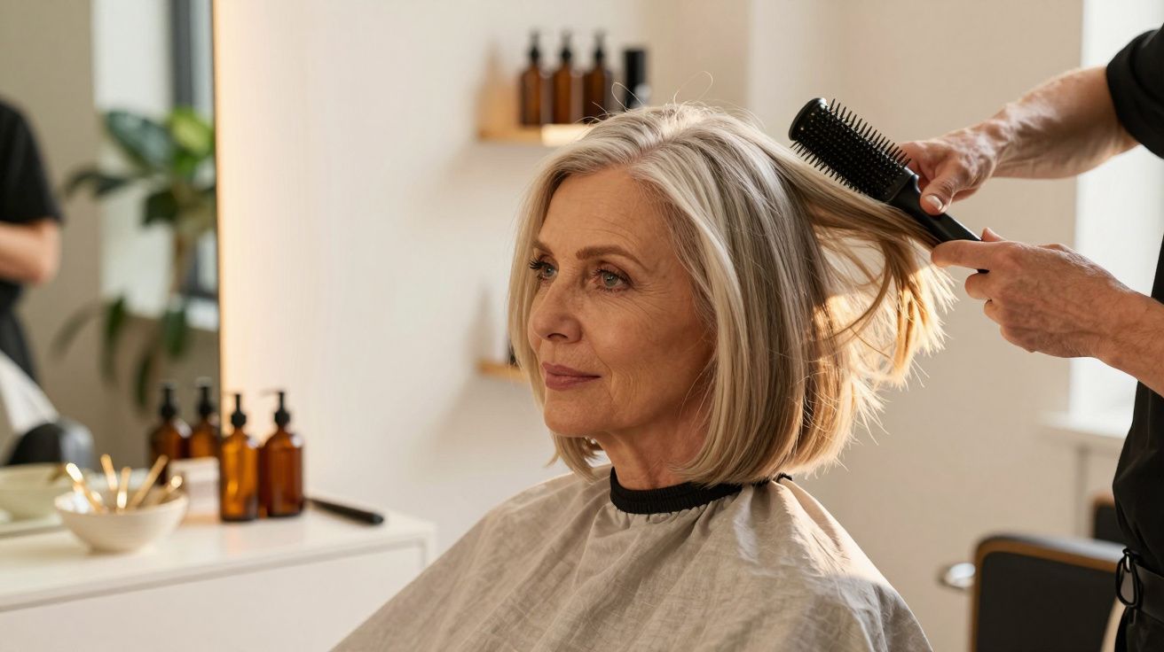 Mulher de cabelo grisalho a ser penteada num salão de cabeleireiro.