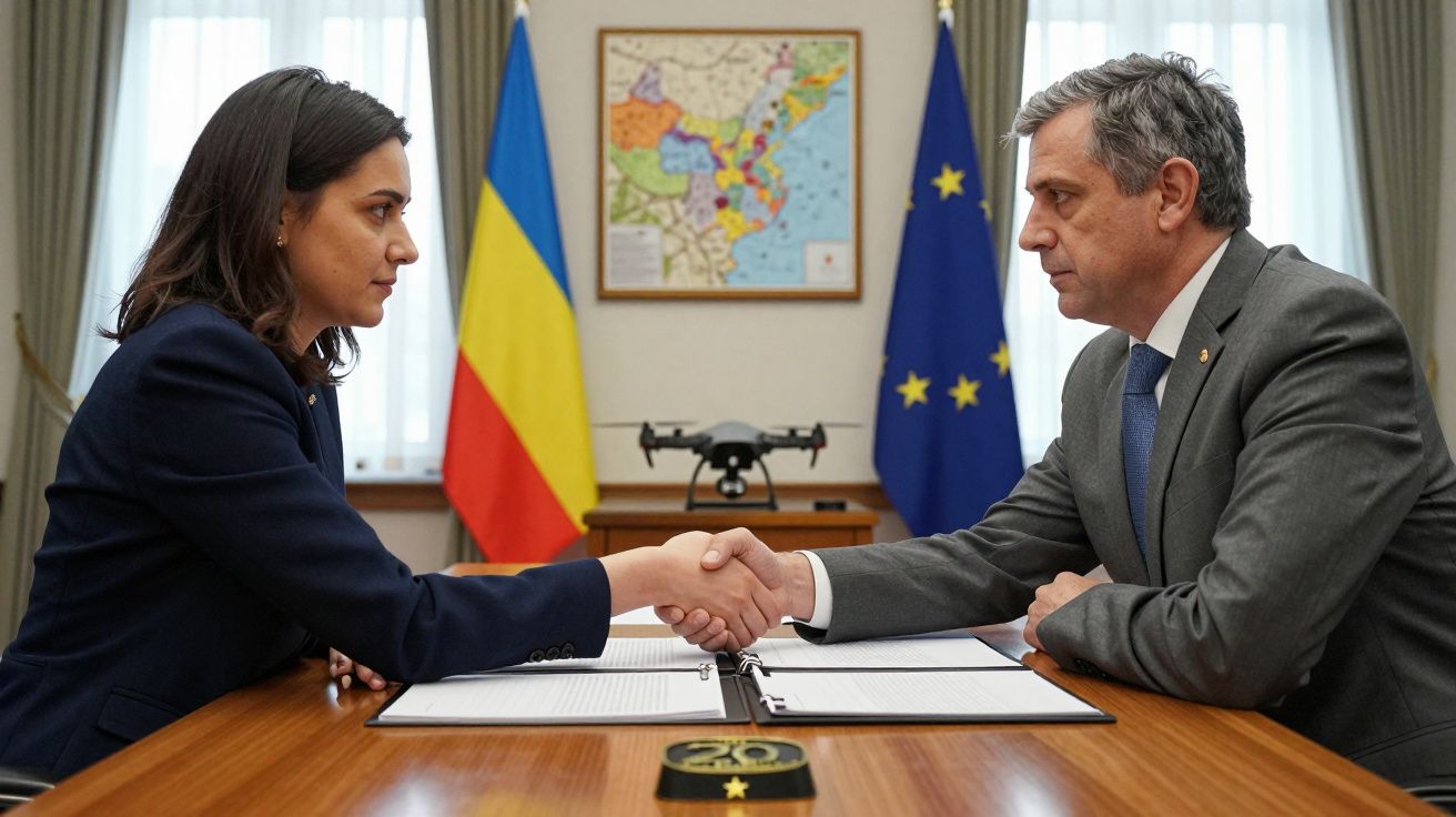 Duas pessoas apertam as mãos num encontro diplomático, com bandeiras da Ucrânia e da UE ao fundo.