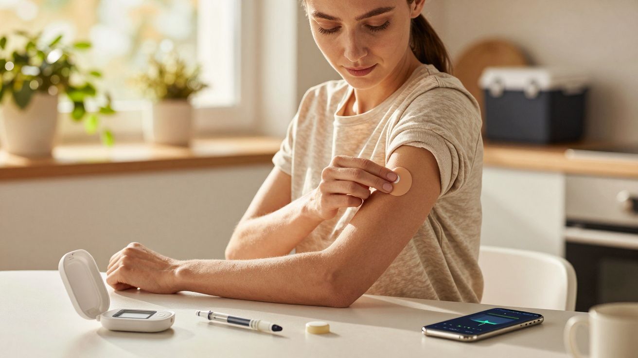 Mulher aplica adesivo no braço; kit de monitorização de glicose e smartphone sobre a mesa.