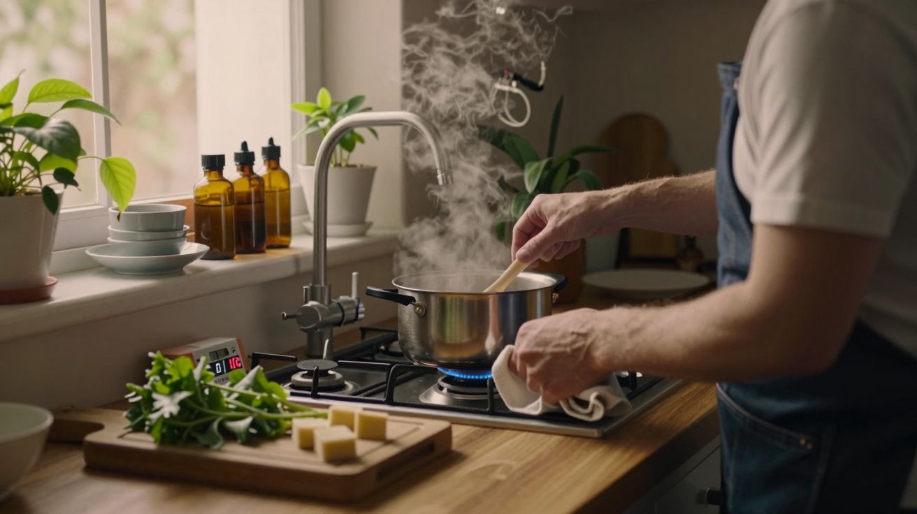 Pessoa cozinhando numa panela a ferver, em cozinha com plantas e utensílios em volta.