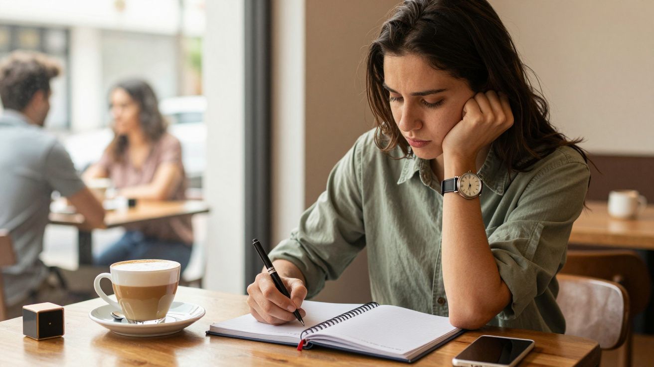 Mulher concentrada a escrever num caderno num café, com uma chávena de café ao lado.