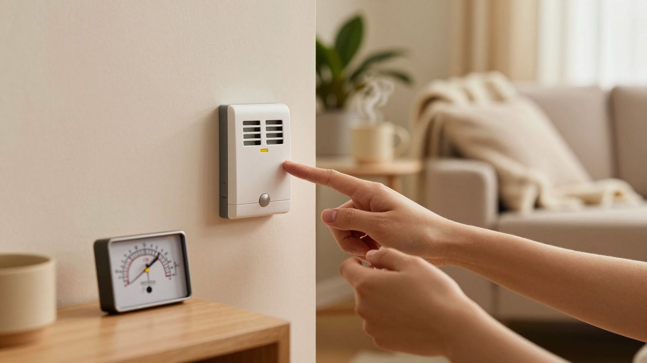 Mão ajusta termóstato numa parede de sala, com sofá desfocado ao fundo. Termómetro e caneca sobre mesa ao lado.