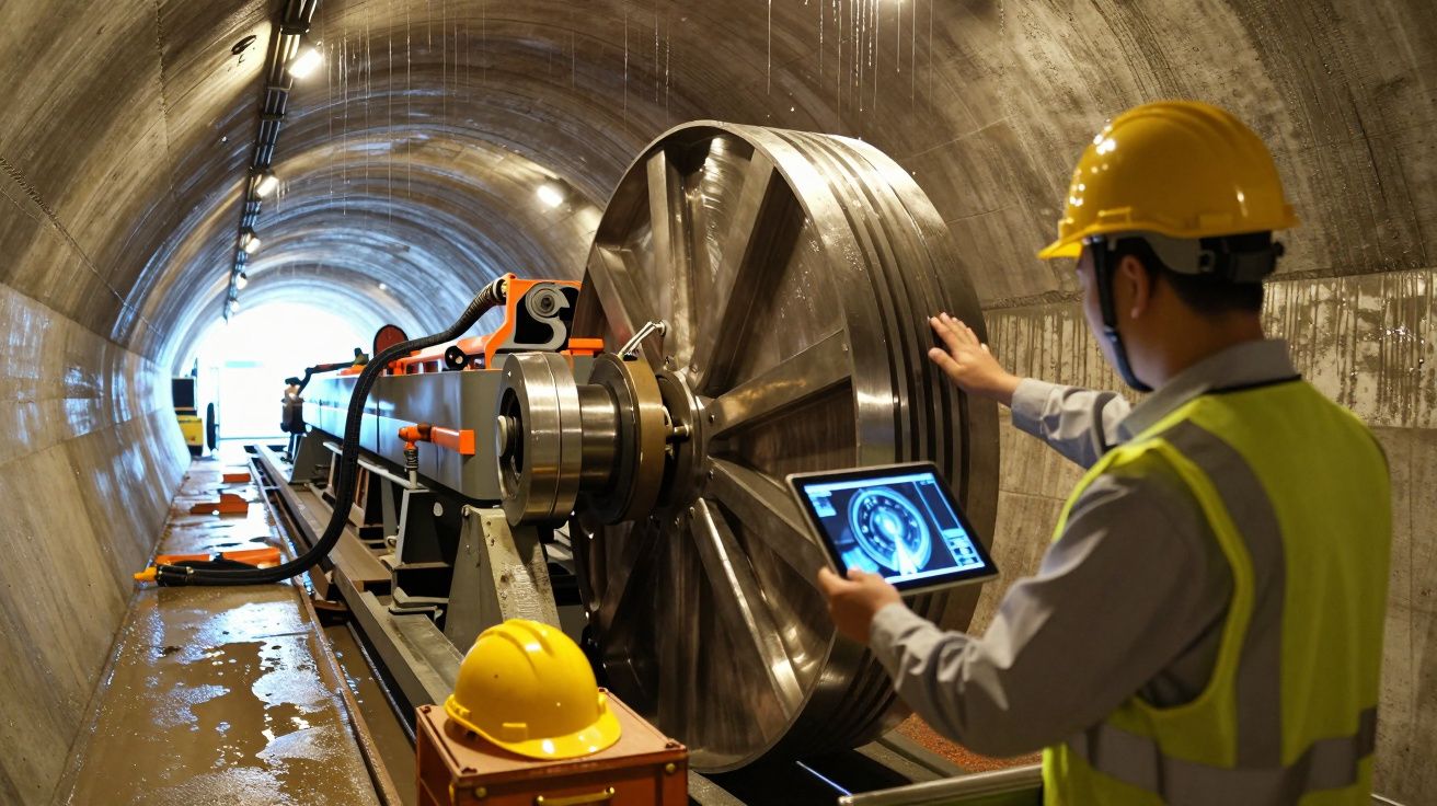 Trabalhador com colete e capacete opera máquina industrial em túnel, visualizando dados num tablet.