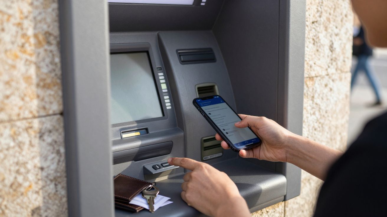 Pessoa usa telemóvel em frente a multibanco ao ar livre, com carteira e chaves pousadas no terminal.