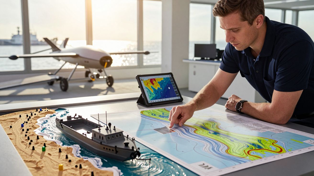 Homem analisa mapa marítimo detalhado sobre mesa, com drone e modelo de barco no fundo, junto a tablet.