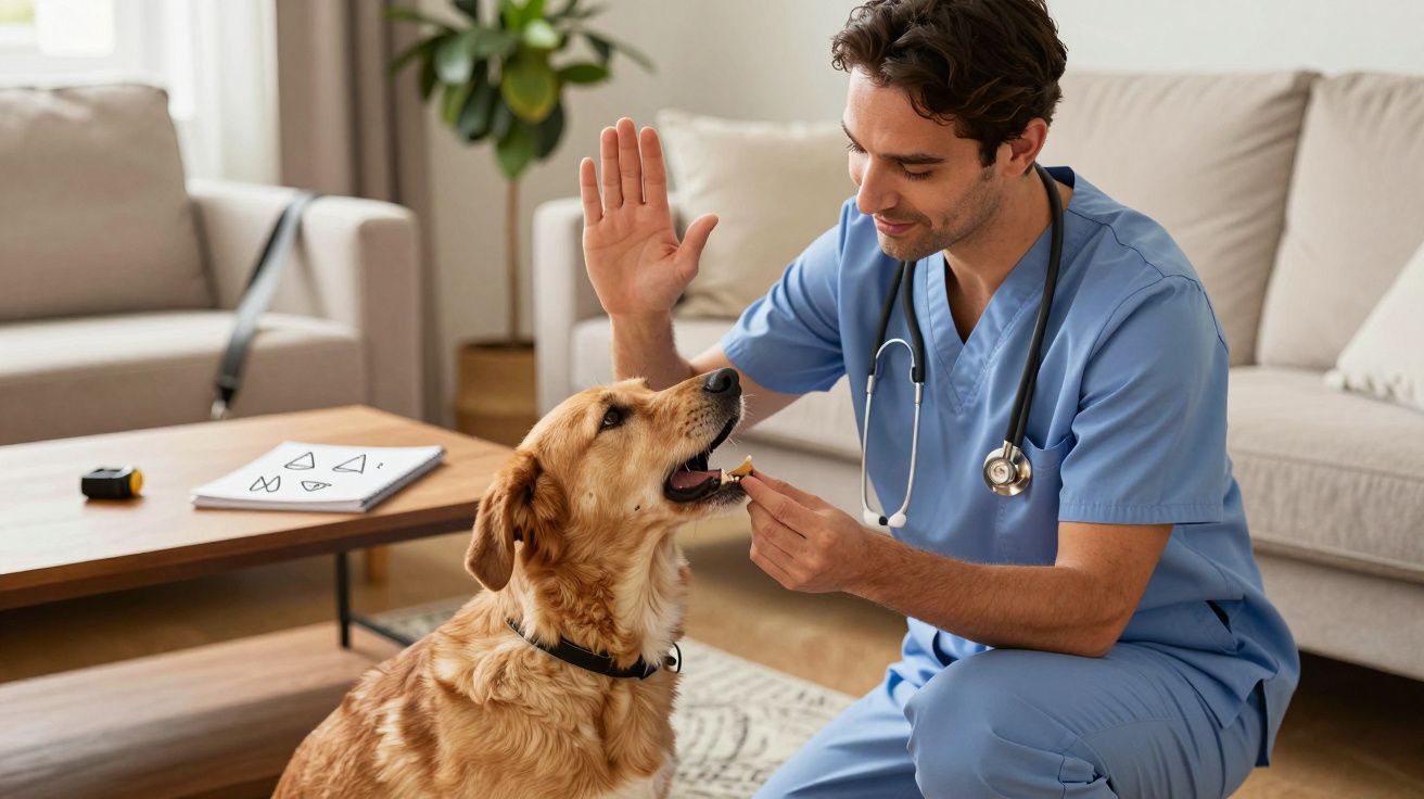 Veterinário em uniforme azul alimenta cão dourado numa sala de estar, enquanto levanta a mão numa saudação.